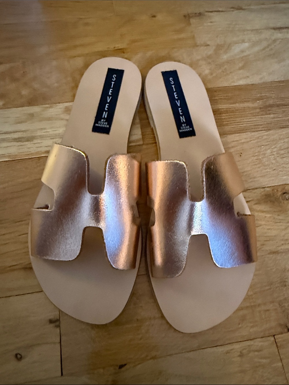 Steven By Steve Madden Metallic Rose Gold Slide Sandals